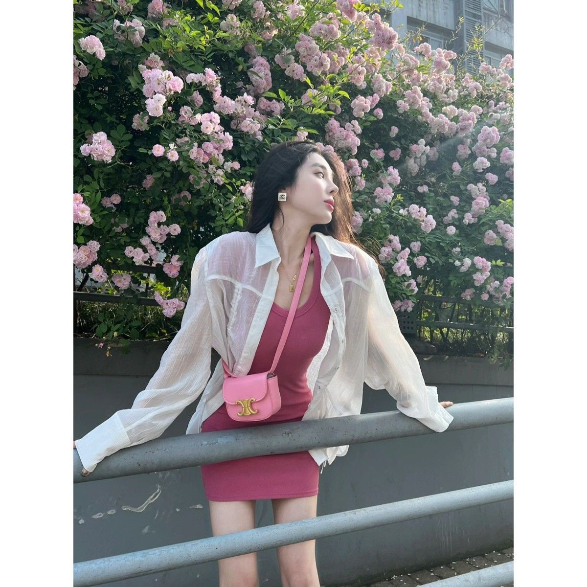Two-piece suit 2022 summer rose red pure desire style sexy knitted hip dress + sun protection shirt coat