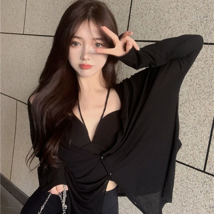 Thin sunscreen T-shirt female ins tide summer short black hot girl sexy loose small cardigan with long-sleeved top