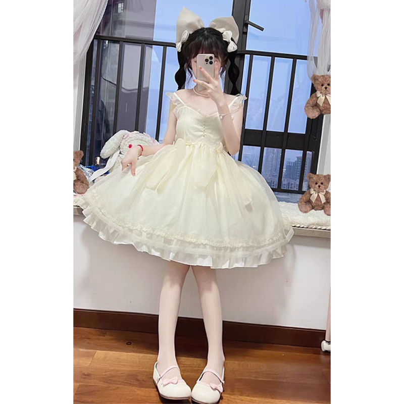 Japanese sweet and cute soft girl waist slimming mesh suspender dress female student summer small princess dress