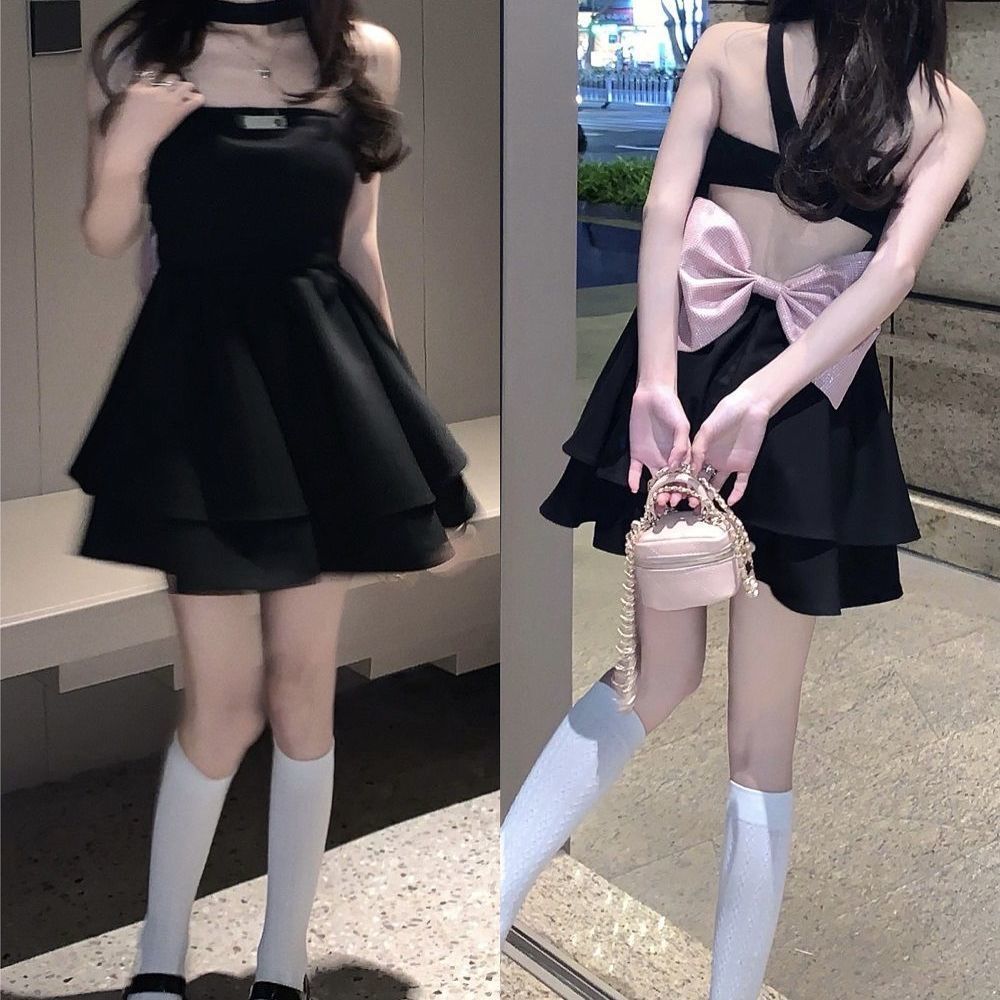 辣妹蝴蝶結掛脖吊帶連衣裙女2022夏季新款收腰甜辣蓬蓬裙短裙裙子