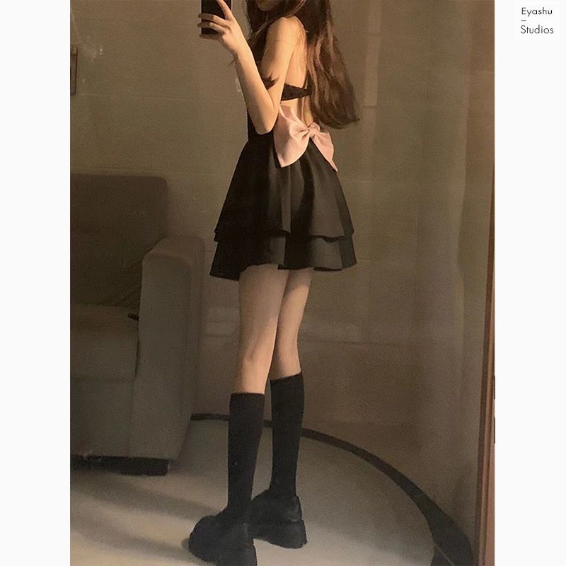 Summer Hepburn Pure Desire Spice Girl Wind Bowknot Petit Skirt Small Hanging Neck Tube Top Sexy Black Dress Female