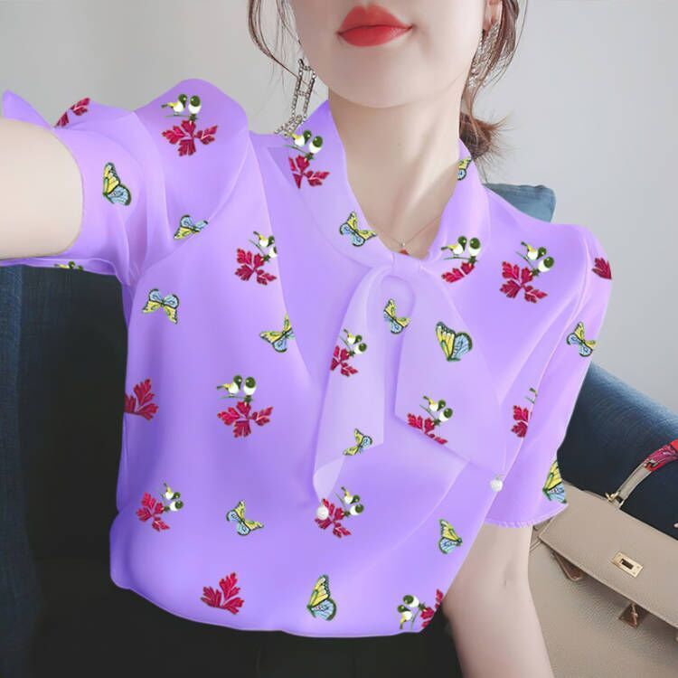 寬鬆雪紡衫短袖上衣服女裝2023夏裝新款女士襯衫V領T恤媽媽裝夏裝