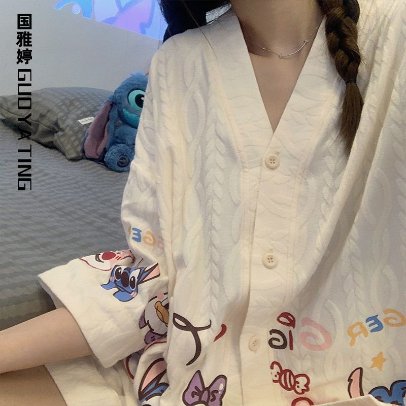 睡衣女夏季莫代爾棉短袖ins風高顏值V領卡通款和服少女家居服套裝