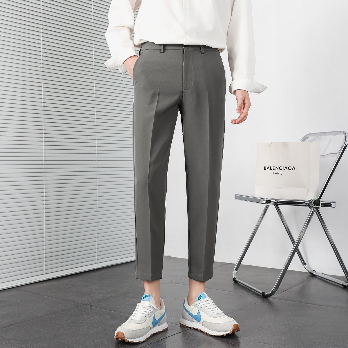 Spring and autumn drape trousers Korean style trendy slim feet casual nine-point trousers men's light familiar straight suit trousers