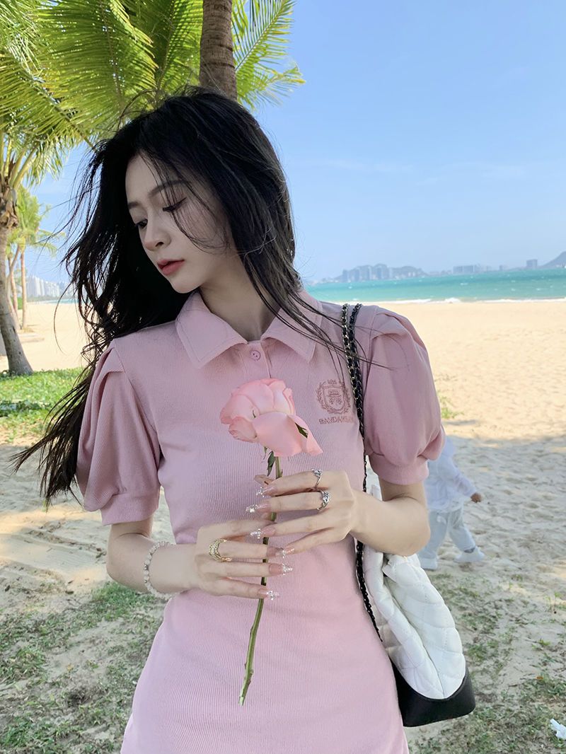 Waist POLO collar short-sleeved dress women's summer new slim sweet hot girl puff sleeves pure desire wind bag hip skirt