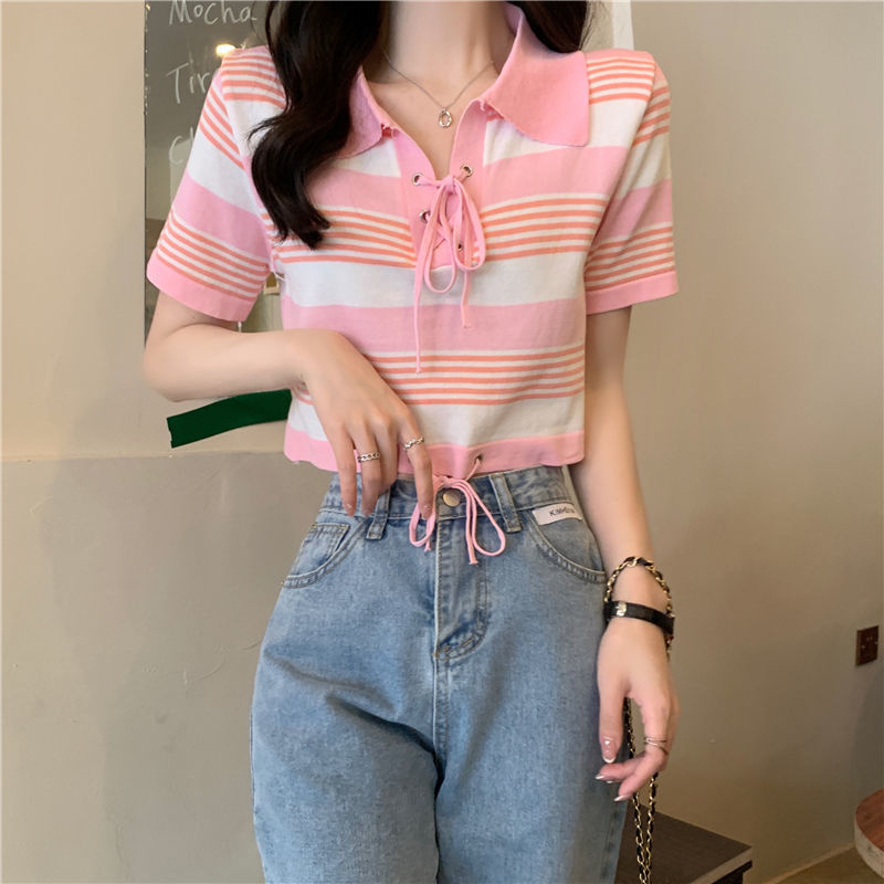 少女粉色条纹甜美短袖针织衫女2023夏季韩版修身显瘦百搭短款上衣
