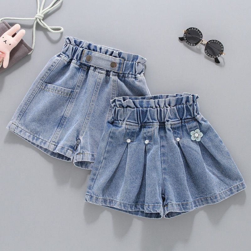 Girls' denim shorts summer clothes 2022 new foreign style medium and big children's baby summer wear pleated thin pants