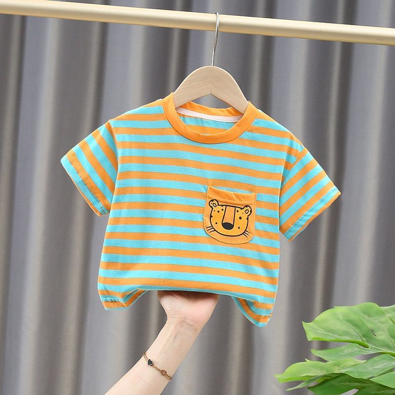 100% cotton children boys and girls 2023 summer new striped print quick-drying breathable short-sleeved T-shirt top