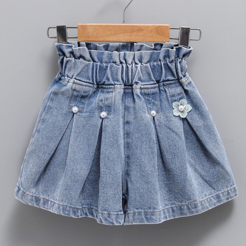 Girls' denim shorts summer clothes 2022 new foreign style medium and big children's baby summer wear pleated thin pants