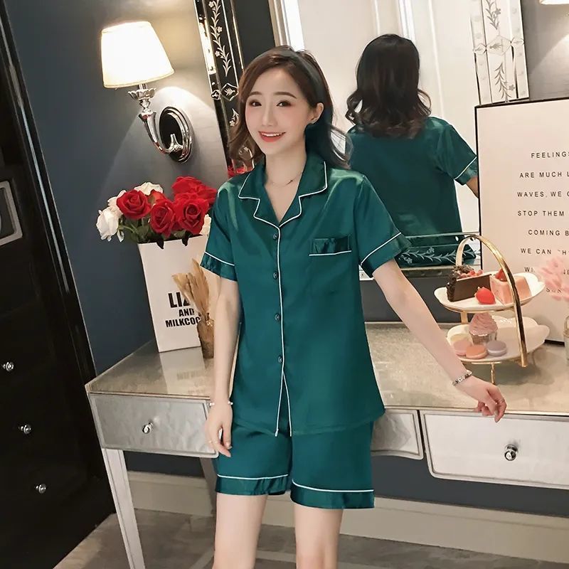Pajamas women's summer ice silk thin shorts short-sleeved large size imitation silk solid color home service Korean two-piece suit