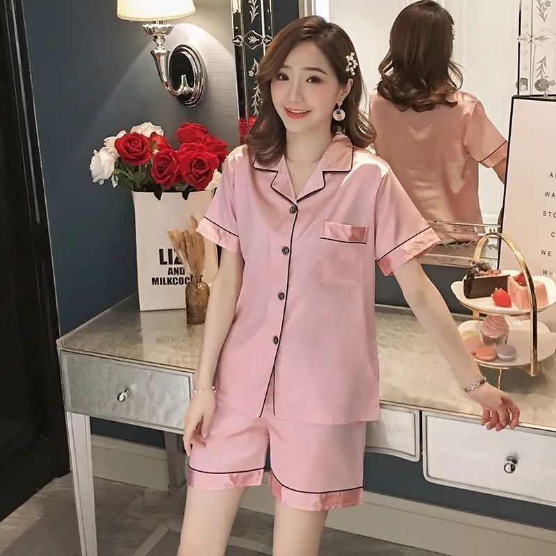 Pajamas women's summer ice silk thin shorts short-sleeved large size imitation silk solid color home service Korean two-piece suit