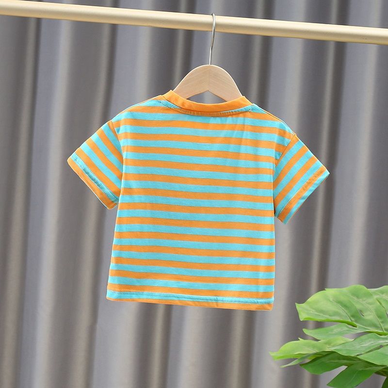 100% cotton children boys and girls 2023 summer new striped print quick-drying breathable short-sleeved T-shirt top