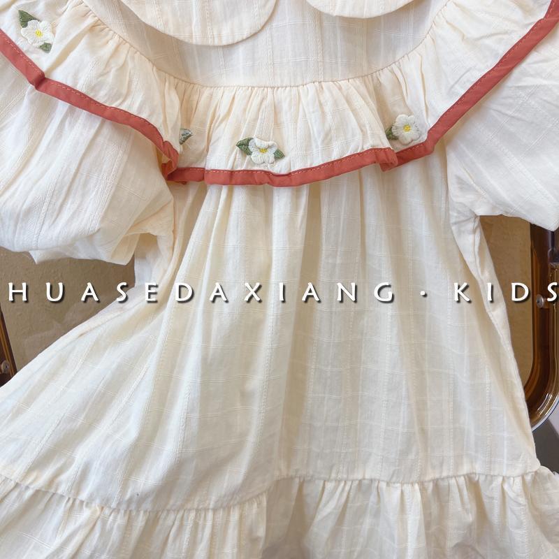 韩国童装夏季女童清新娃娃领公主裙洋气女宝宝绣花短袖连衣裙