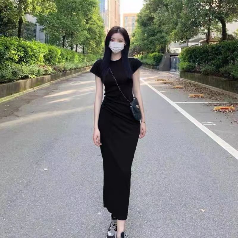 小眾中長款過膝收腰氣質顯瘦棉質直簡休閒短袖T恤連衣裙子夏季女