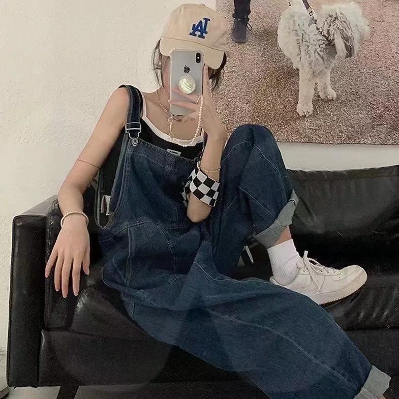 鹽系牛仔背帶褲女2023春秋季新款設計感小個子高腰直筒顯瘦闊腿褲