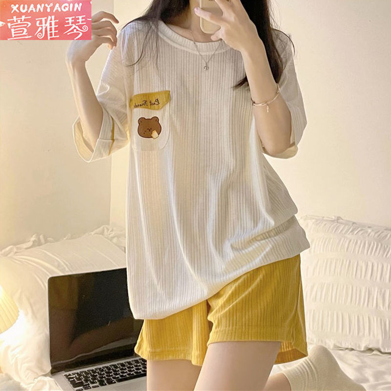 100% double-sided summer pajamas women's summer short-sleeved women's plus size suit simple cartoon princess style home service