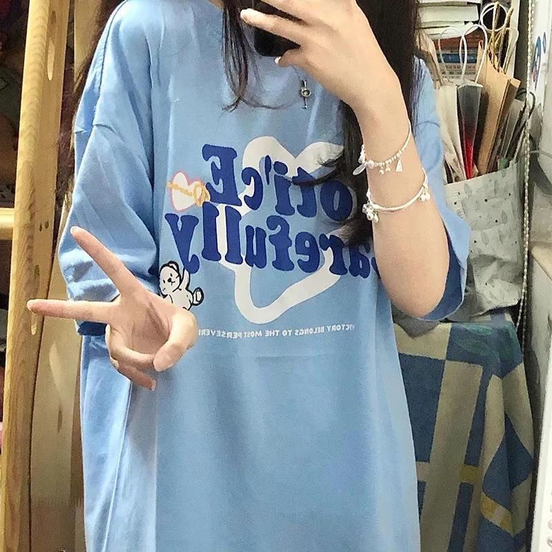 Harajuku style short-sleeved t-shirt summer blue ins tide brand loose Korean version design sense niche tops couple t-shirts