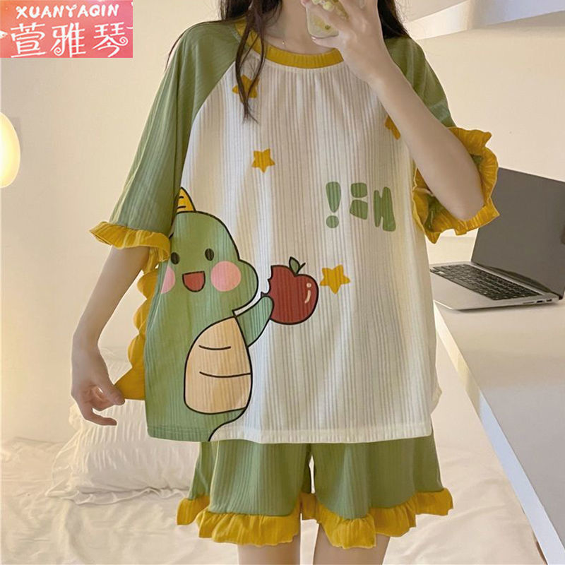 100% double-sided summer pajamas women's summer short-sleeved women's plus size suit simple cartoon princess style home service