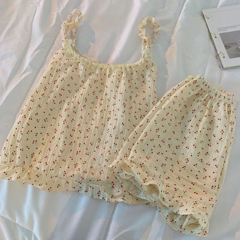 睡衣女夏季薄款無袖背心短褲套裝韓版純色碎花甜美家居服可外穿