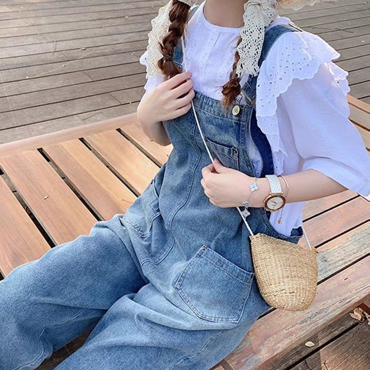 Denim suspenders women's small  new age-reducing foreign style loose and thin Korean version of salt suspender jeans