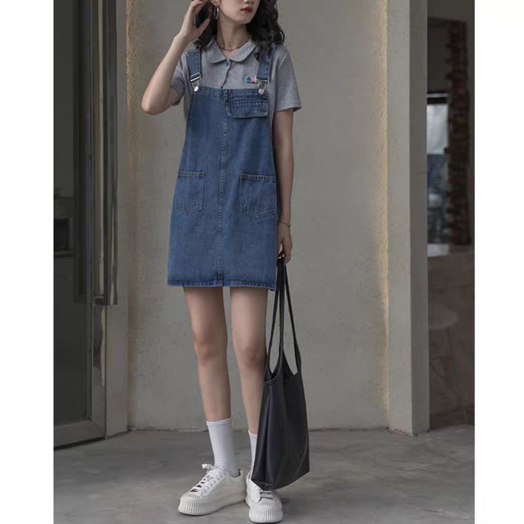 牛仔背帶裙女小個子設計感韓版寬鬆顯瘦洋氣減齡吊帶連衣裙早春夏