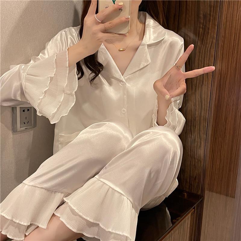 Women's pajamas spring, autumn and summer  new Korean version of ins wind thin section sweet and cute ice silk home service suit