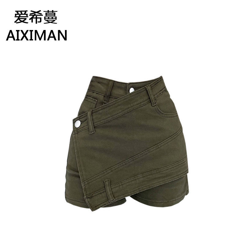 Irregular denim shorts women's  summer thin section hot girl slim high waist thin fake two-piece hakama hot pants