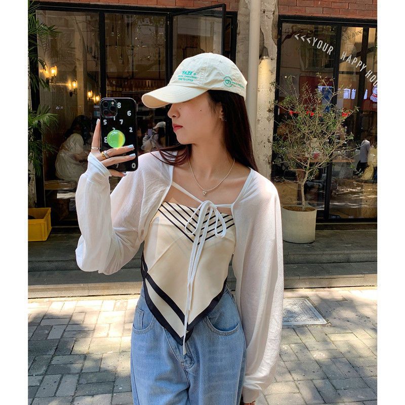 Sunscreen ice silk cardigan women's long-sleeved 2022 summer wear tie-up shawl blouse short coat thin section