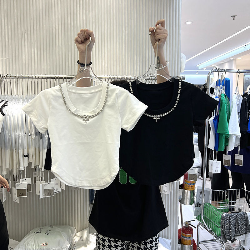 Thirteen Lines Women's Clothing 2022 Summer New Korean Edition Small People Design Round Tie Chain Slim Short Short Sleeve T-Shirt