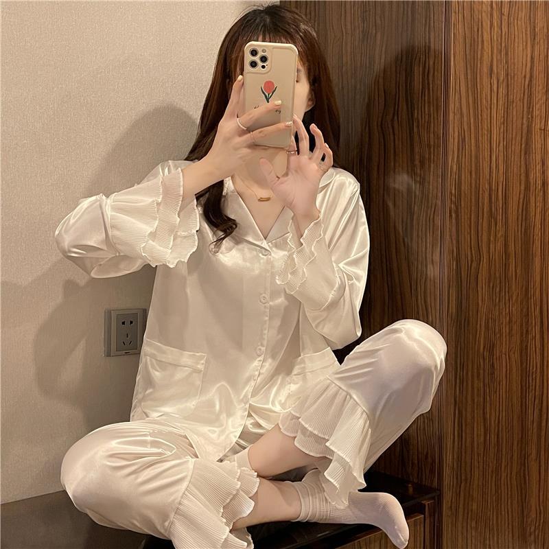 Women's pajamas spring, autumn and summer  new Korean version of ins wind thin section sweet and cute ice silk home service suit