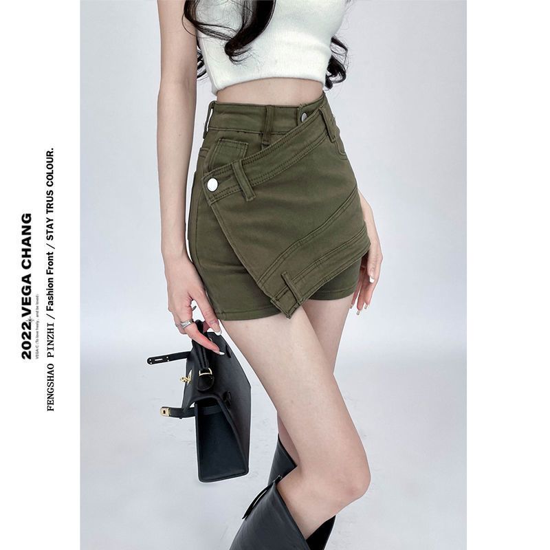 Irregular denim shorts women's  summer thin section hot girl slim high waist thin fake two-piece hakama hot pants