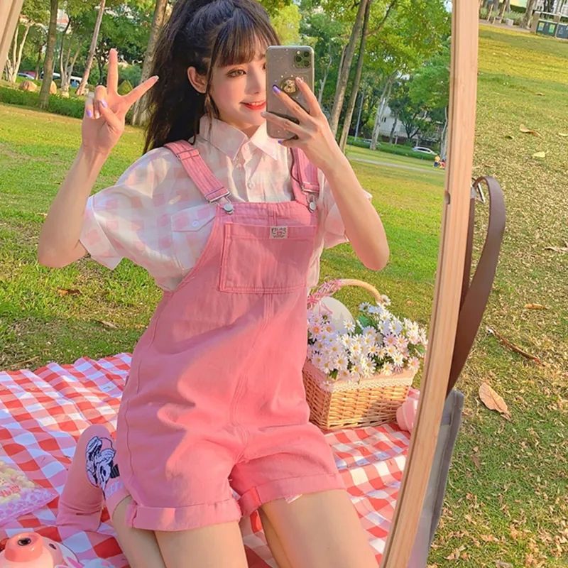 Sweet pink denim overalls summer women's loose and thin internet celebrity fashion age-reducing small one-piece shorts