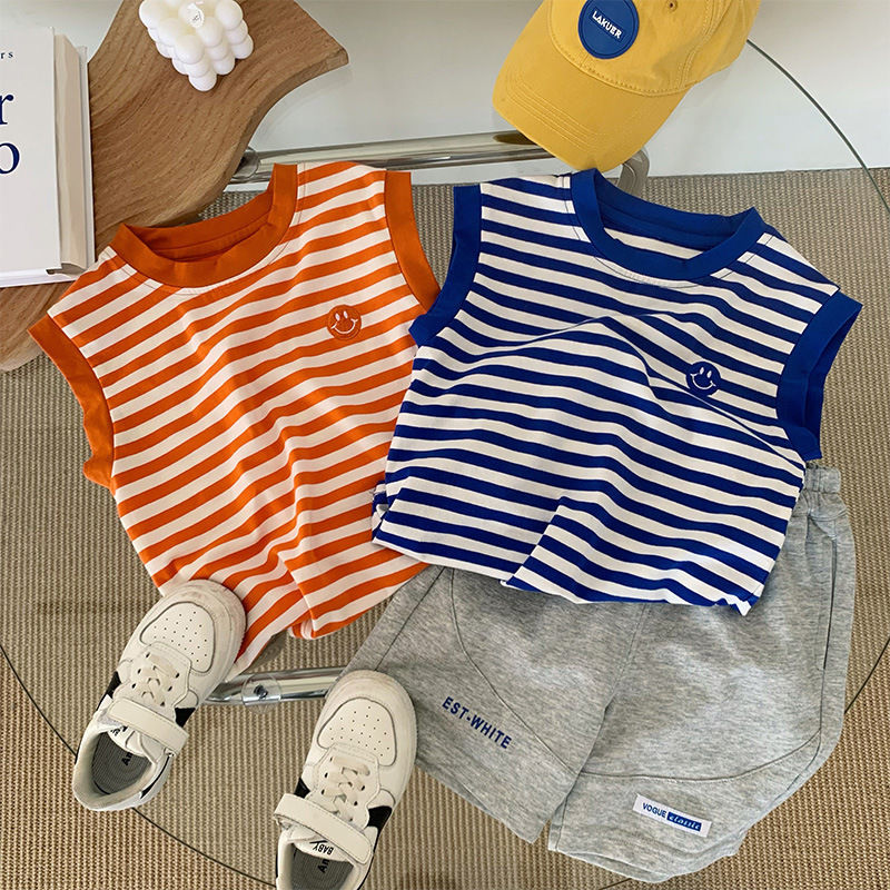 100% cotton children's boys and girls 2023 summer new striped tie-dye quick-drying breathable vest T-shirt top