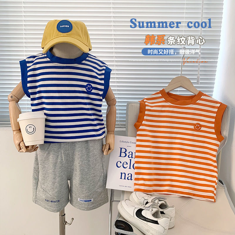 100% cotton children's boys and girls  summer new striped tie-dye quick-drying breathable vest T-shirt top
