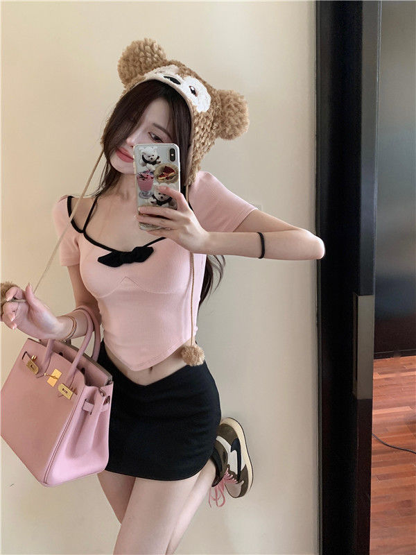 Hot girl bow halterneck short-sleeved T-shirt women's summer pure lust pink square neck slim design niche top