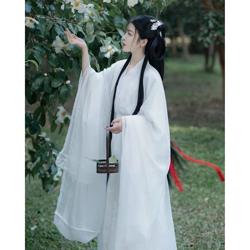 新款汉服汉服神明少女古风超仙魏晋风全白白纱现代夏天轻薄套装_艾玛