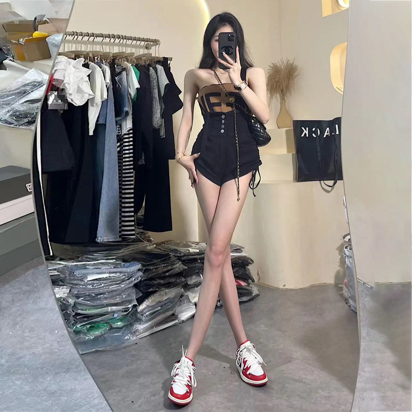 Black denim shorts women's summer high waist drawstring shorts look thin and all-match small foreign style elastic shorts