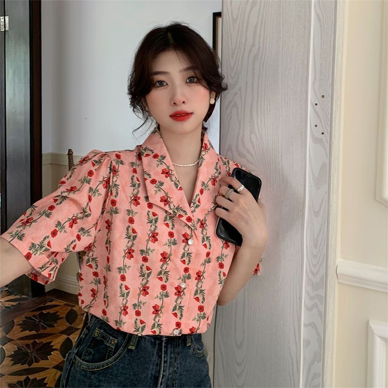French v-neck floral short-sleeved shirt women's  new summer shirt design sense niche loose top trend