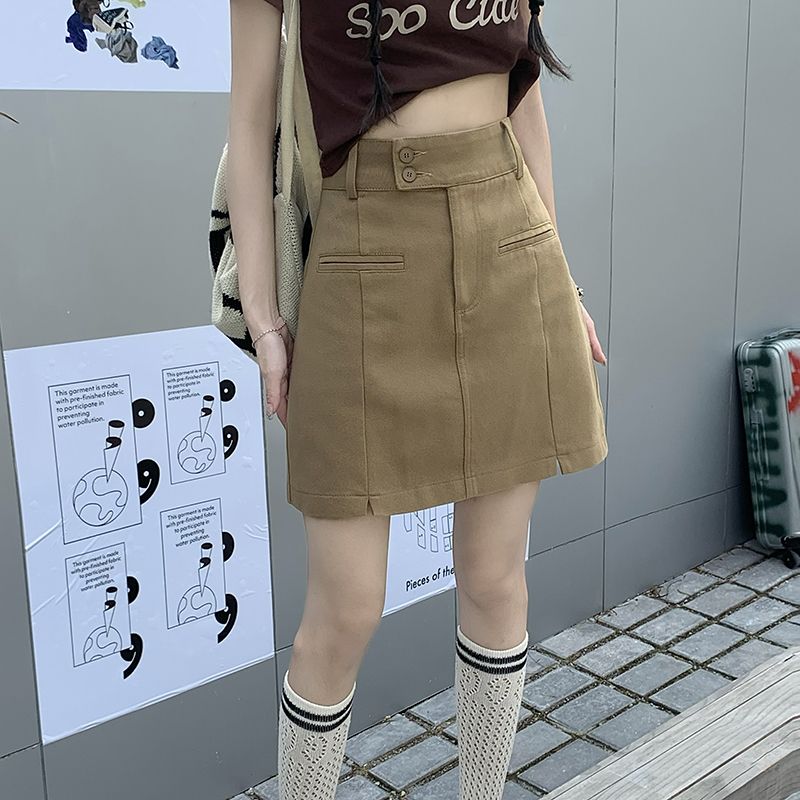 Spicy Girls' Khaki Denim Skirt Women's Autumn/Winter 2023 New Split Short Skirt Small Tall Waist A-line Skirt