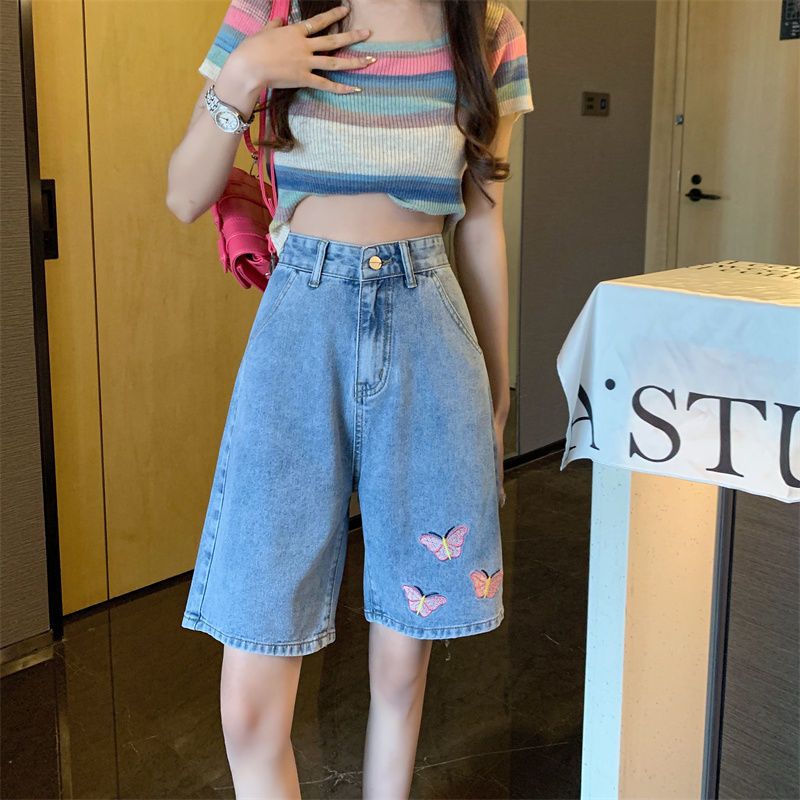 刺繡五分牛仔短褲女夏季高腰新款大碼胖妹妹mm寬鬆褲闊腿5分中褲