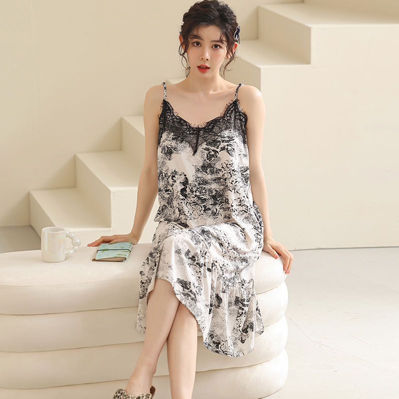 Summer modal cool feeling Korean fashion large three piece sling Nightgown ink painting Nightgown female