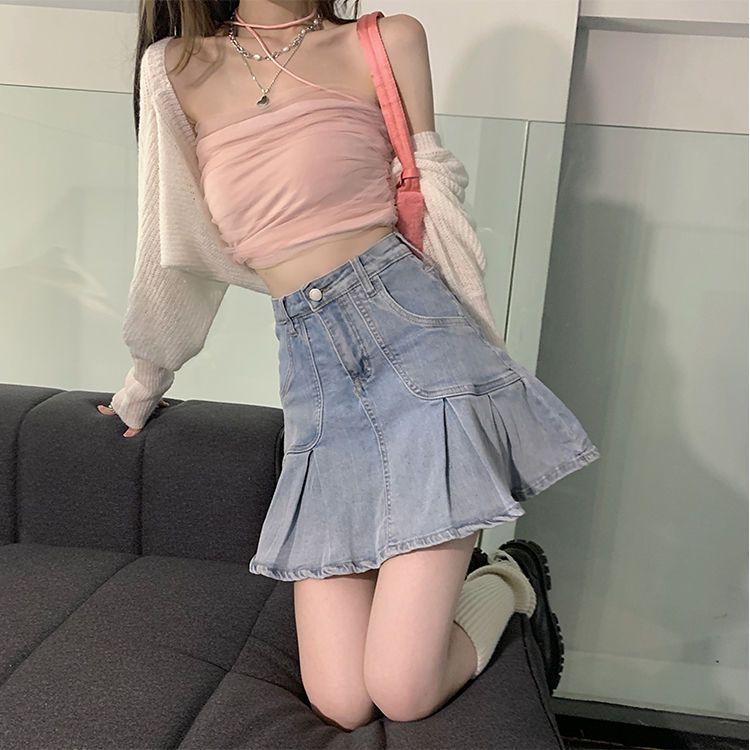 Summer Korean college style sweet Bubble Sleeve Shirt Top Women + high waist thin chic pleated skirt fashion