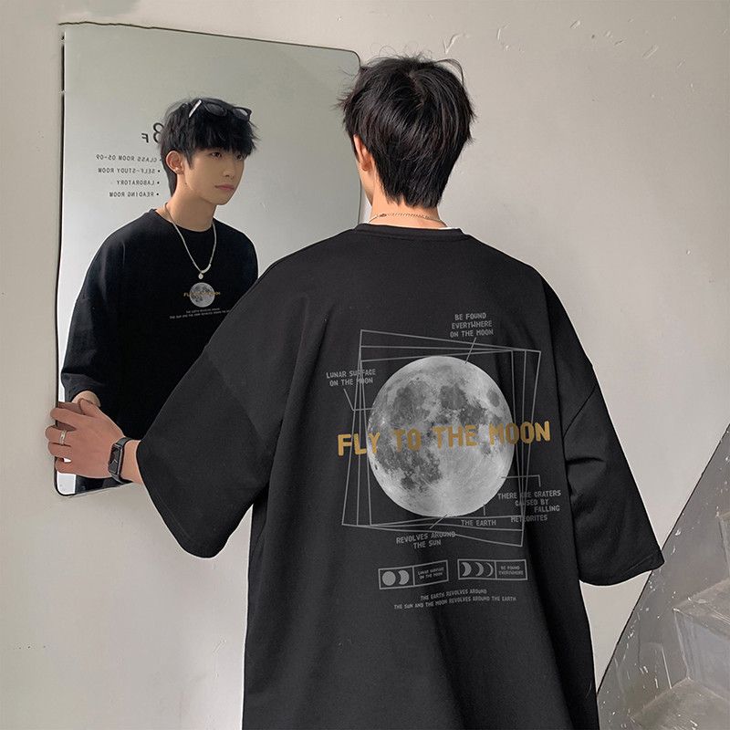100%純棉短袖t恤男夏季潮流MOON月亮ins港風潮男寬鬆百搭學生上衣