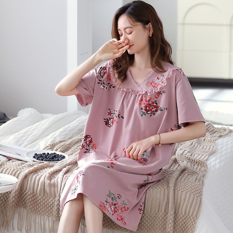 Modal nightdress women's summer short-sleeved summer pajamas mid-length man-made cotton plus size loose mother's home clothes