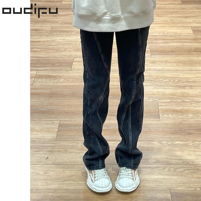 OUDIFU黑色美式牛仔裤新款高街复古宽松分割小众高腰直筒阔腿裤子