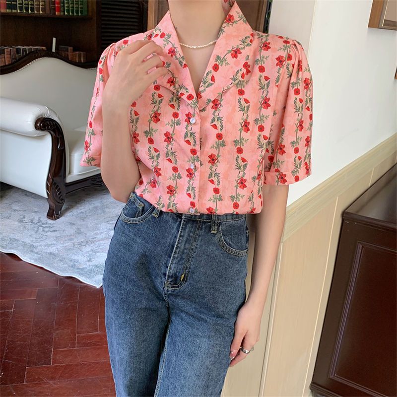 French v-neck floral short-sleeved shirt women's  new summer shirt design sense niche loose top trend