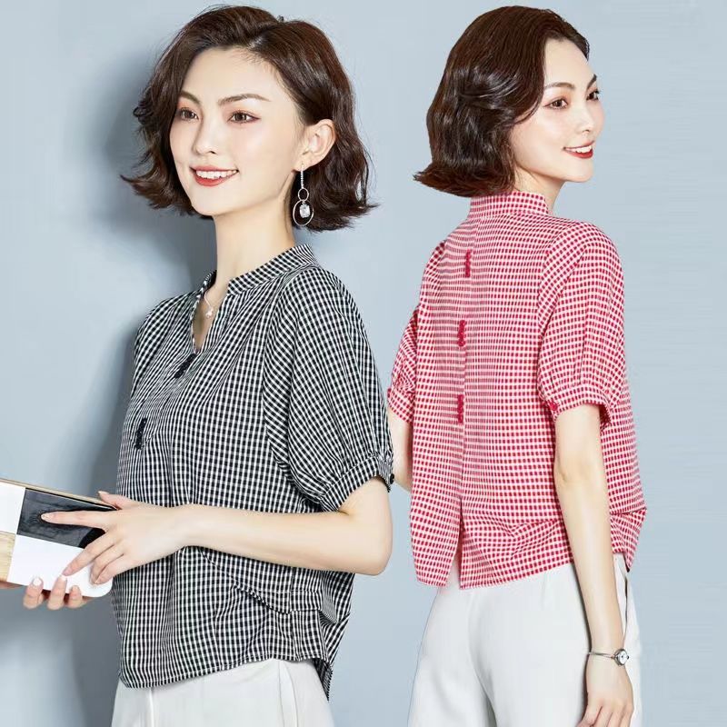 短袖格子雪紡襯衫女2022新款小眾設計感V領夏季遮肚上衣洋氣小衫