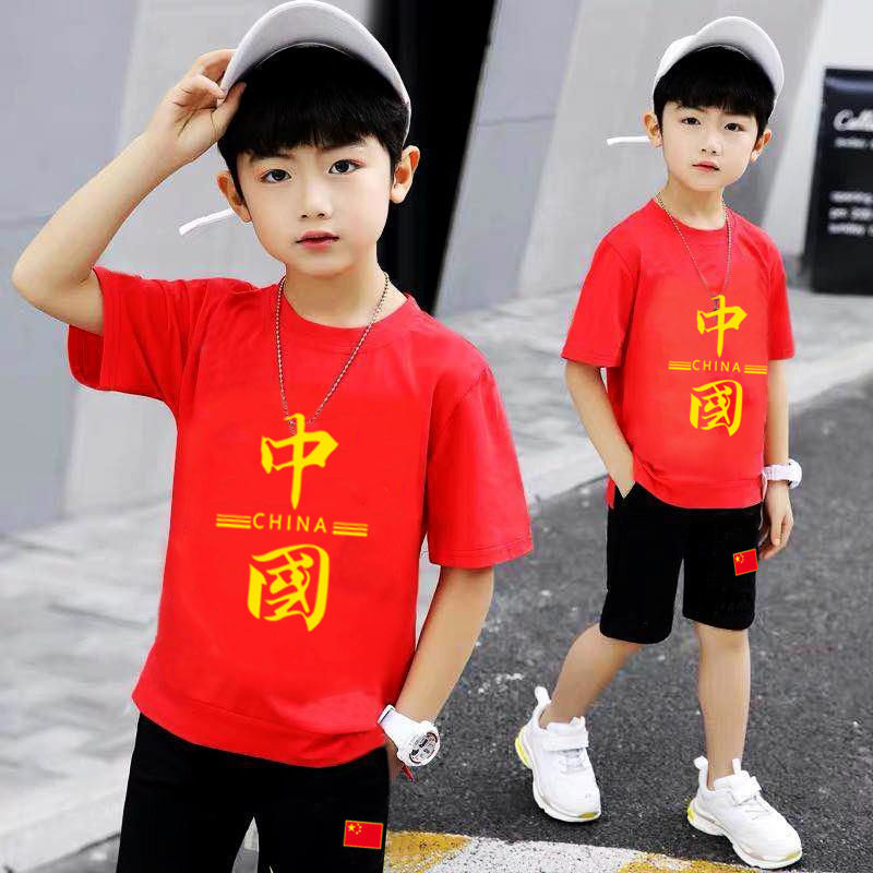 純棉新款中國風套裝女童男童短袖T恤夏童裝兒童演出服上衣愛國潮