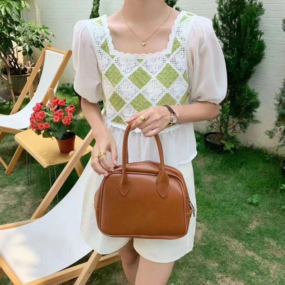 2022 Summer New Retro Niche Crochet Hollow Splicing Chiffon Shirt Women's High Waist Short Puff Sleeve Top