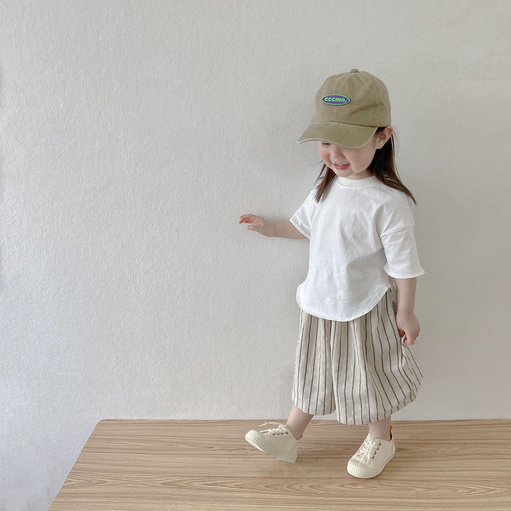 Boys and girls striped nine-point wide-leg pants summer thin section  new baby Japanese arc short-sleeved two-piece suit